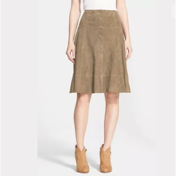 Joie S Mylon Brown Goat Suede Leather Midi A Line Skirt Button down - S - Picture 1 of 6